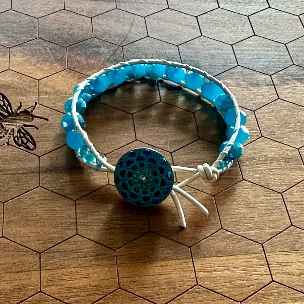 Caribbean blue Czech glass crystal and leather bracelet